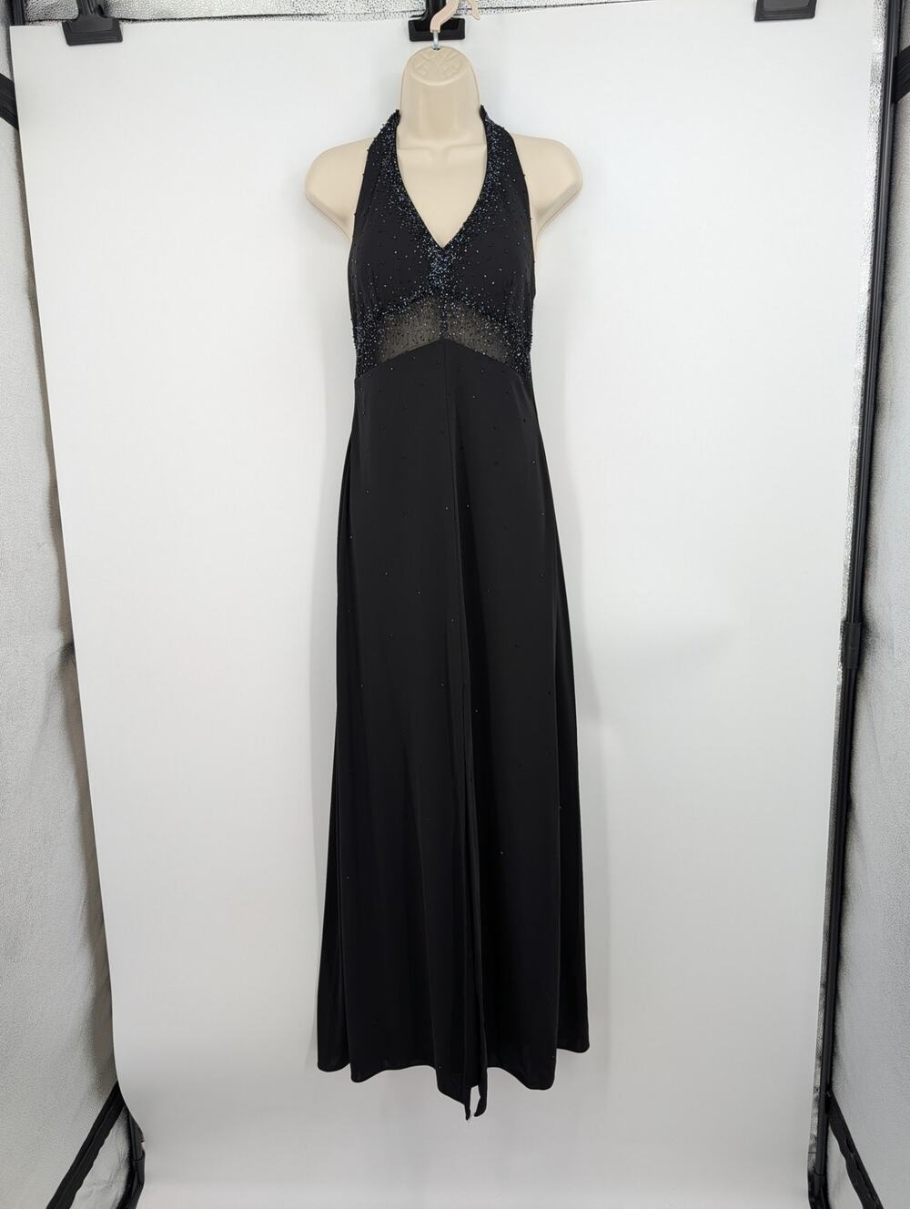 De Laru Black Beaded Open Back Halter Maxi Dress Size 7/8 Vintage Cocktail Hoco